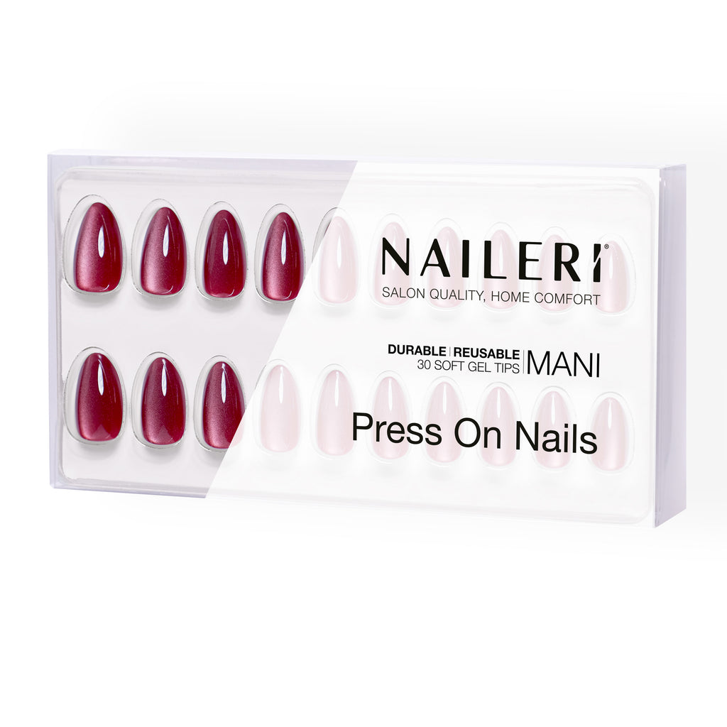 Confezione di press on nails NAILERÌ Berry Cat's Eyes, rosso vinaccia, forma mandorla