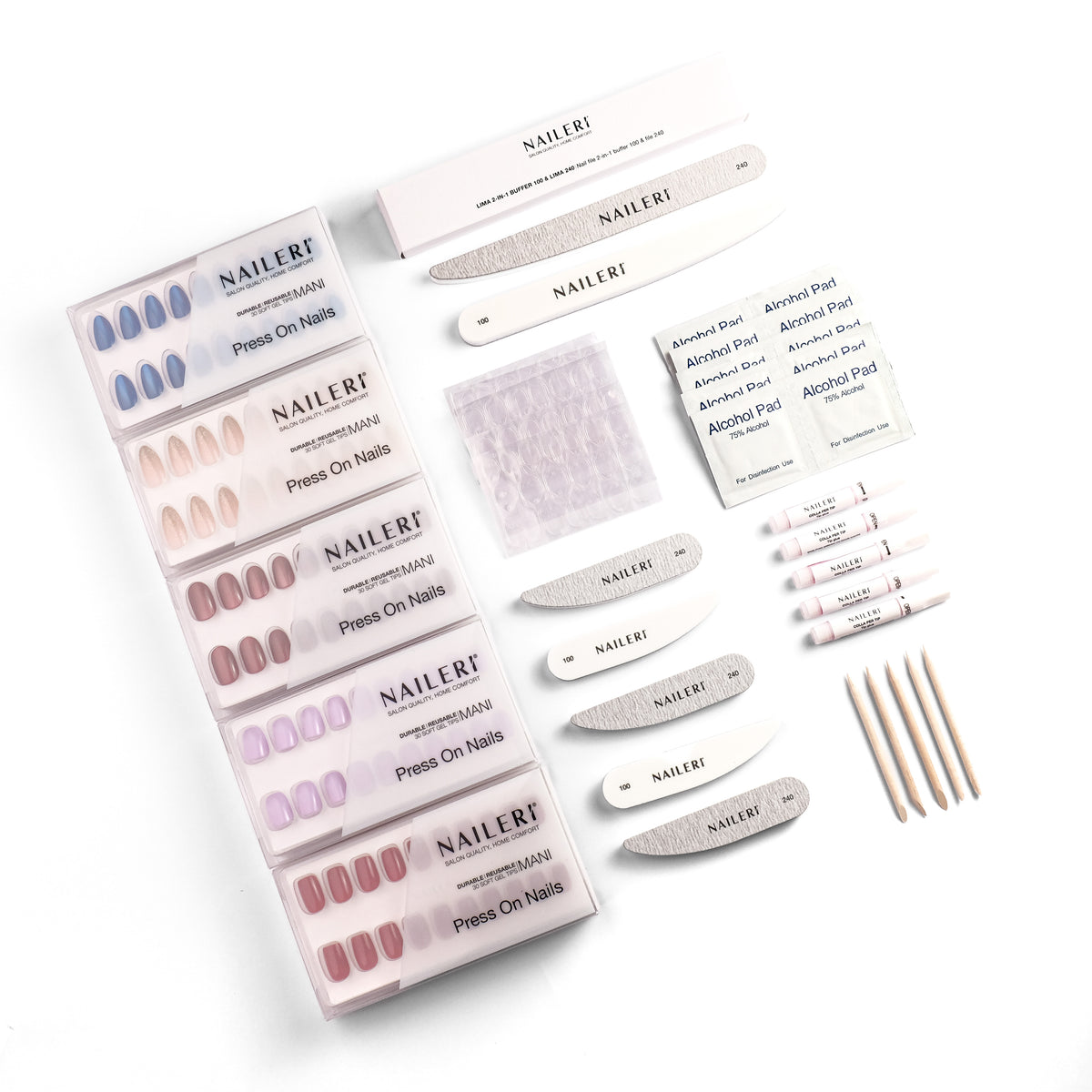 Contenuto della Collezione Cambio Look NAILERÌ: 5 set di press on nails, lime 2in1, adesivi colla, nail prep pad, colle per tip e bastoncini