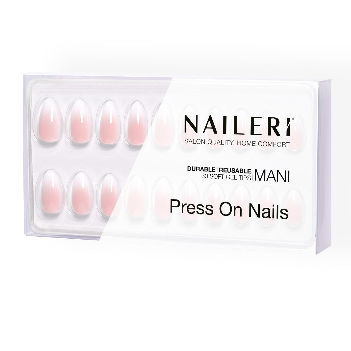 Confezione di press on nails NAILERÌ Nude Babyboomer, con base nude rosata e sfumatura bianca, forma mandorla