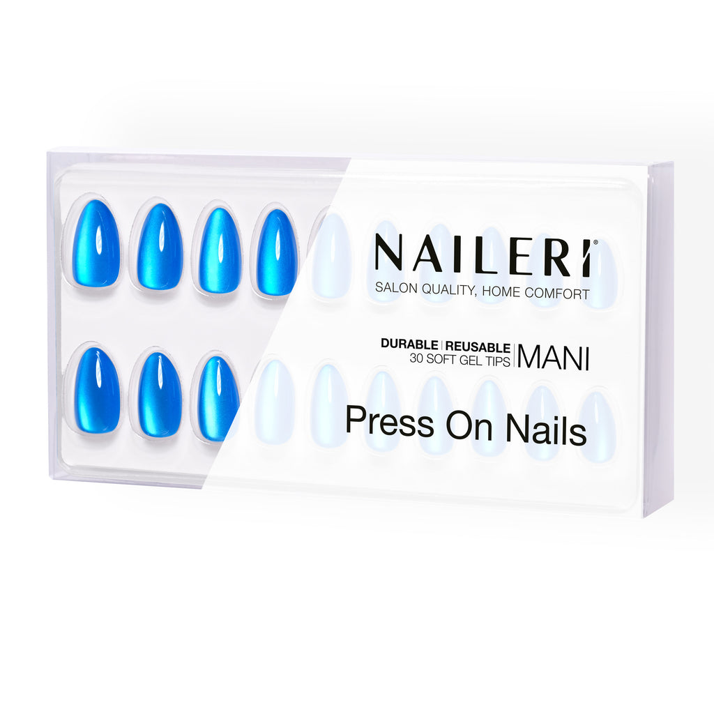 Confezione di press on nails NAILERÌ Pacific Cat's Eyes, blu intenso, forma mandorla