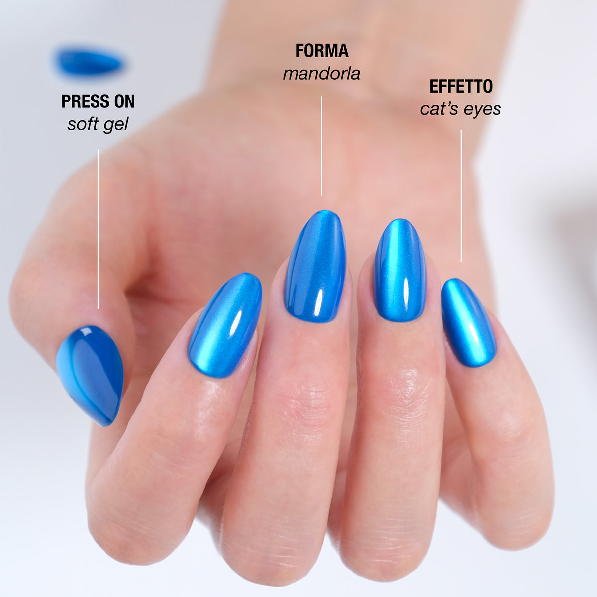 Dettaglio della manicure Pacific Cat's Eyes in soft gel, forma mandorla, effetto cat's eyes