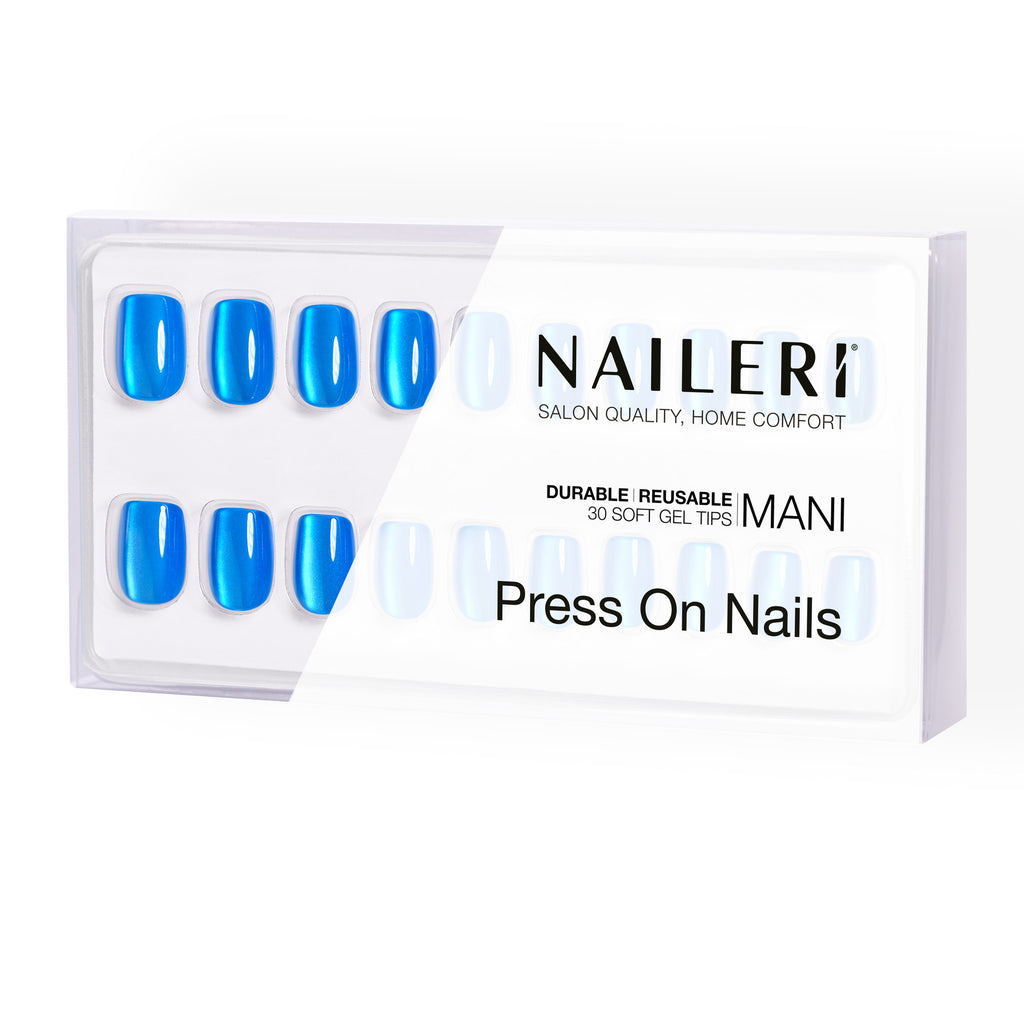 Confezione di press on nails NAILERÌ Pacific Cat's Eyes, blu intenso, forma quadrata