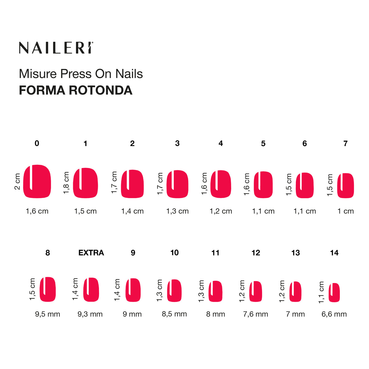 Tabella misure delle press on nails NAILERÌ, forma rotonda