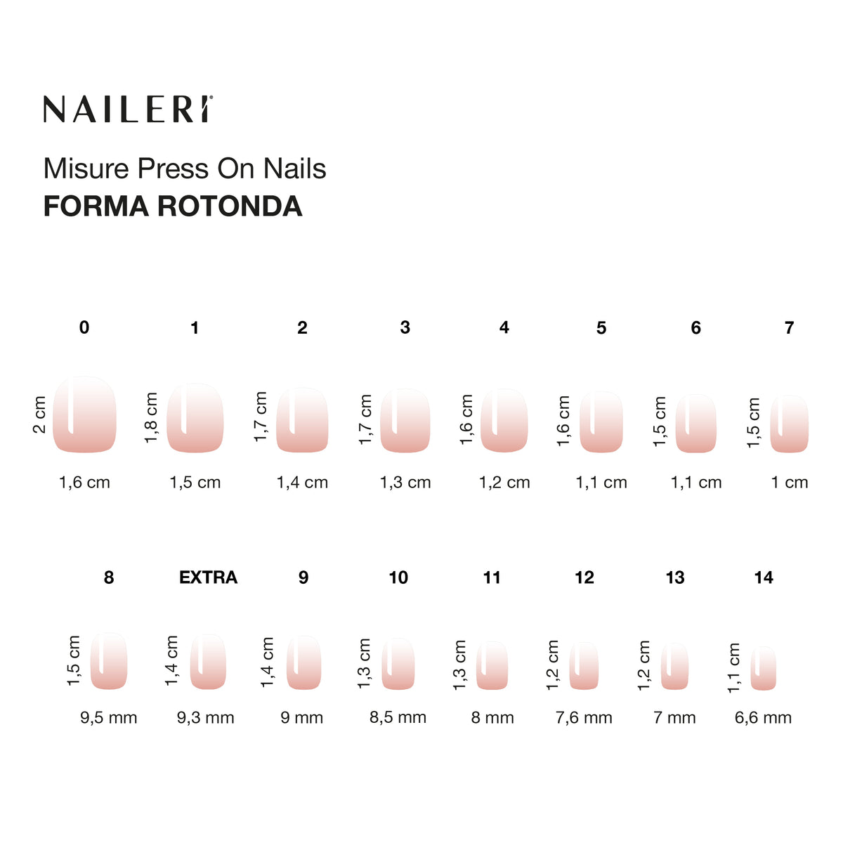 Tabella misure delle press on nails NAILERÌ, forma rotonda