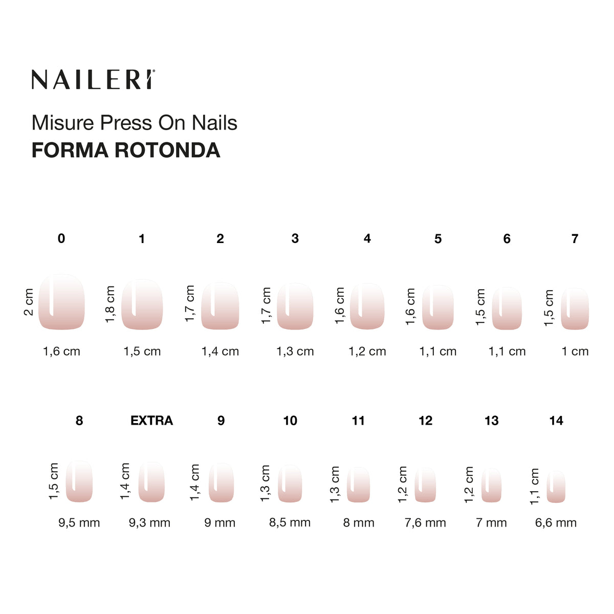 Tabella misure delle press on nails NAILERÌ, forma rotonda