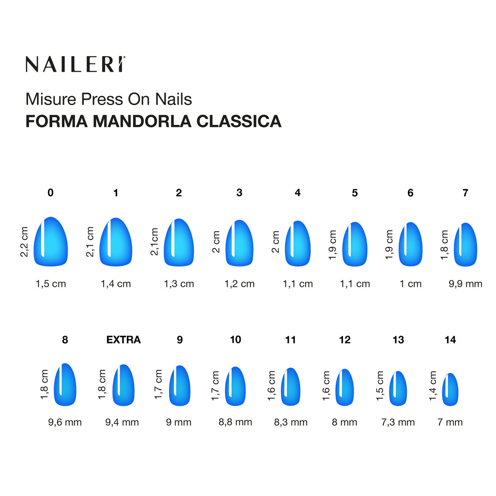 Tabella misure delle press on nails NAILERÌ, forma mandorla
