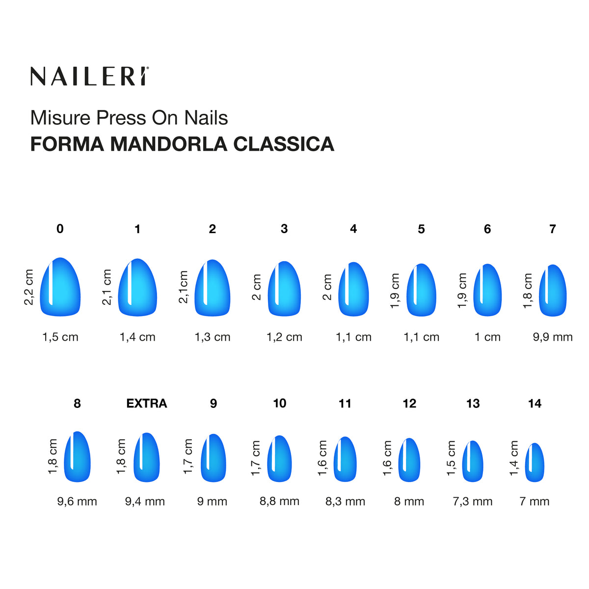 Tabella misure delle press on nails NAILERÌ, forma mandorla
