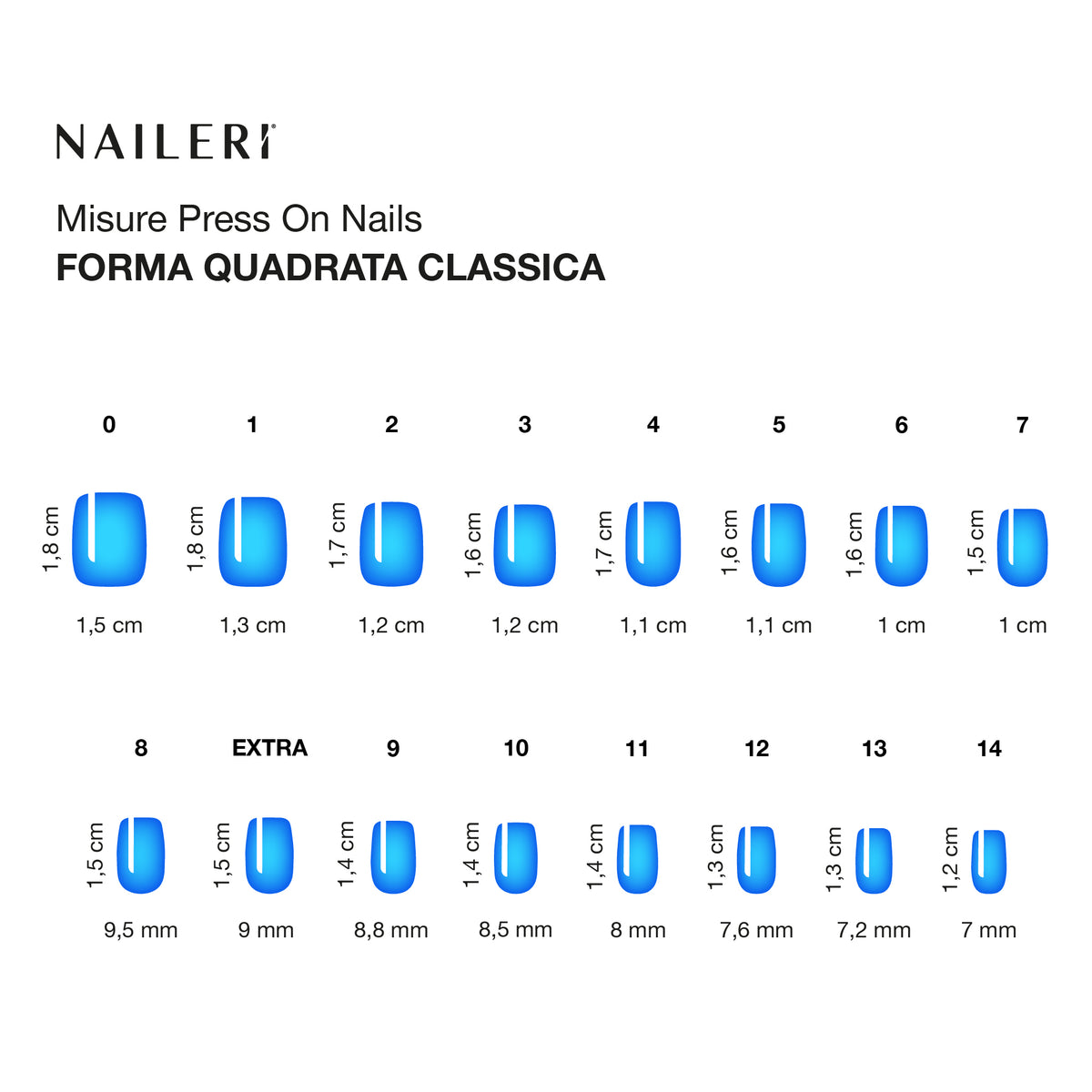 Tabella misure delle press on nails NAILERÌ, forma quadrata