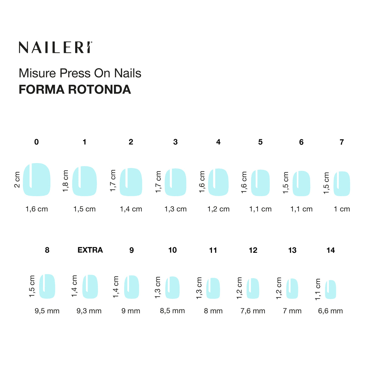 Tabella misure delle press on nails NAILERÌ, forma rotonda