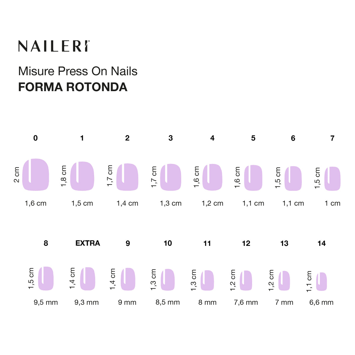 Tabella misure delle press on nails NAILERÌ, forma rotonda