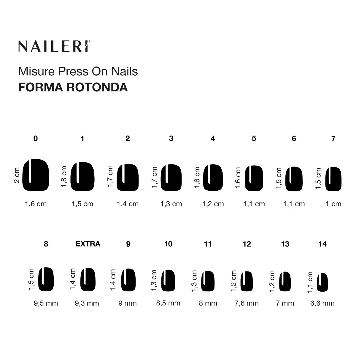 Tabella misure delle press on nails NAILERÌ, forma rotonda